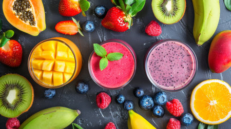 Fresh fruits bursting with flavor, ready to be transformed into nutritious smoothies, promising a taste sensationの素材