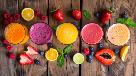 Glasses of vibrant fruit smoothies placed on a wooden table, offering a feast for both the eyes and the palateの素材