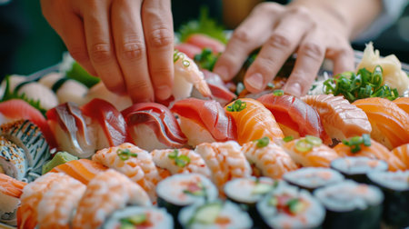 Hands arranging a platter of sushi and sashimi, showcasing the artistry and freshness of Japanese seafood cuisineの素材