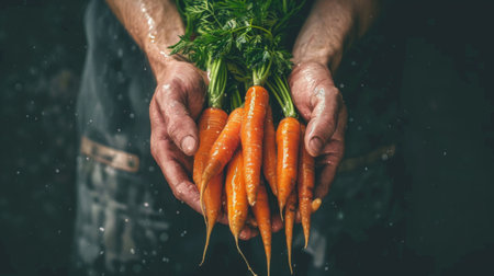 Hands holding a bunch of freshly washed carrots, showcasing the simple yet essential act of food preparationの素材