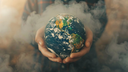 Hands holding a globe surrounded by smog, illustrating the global reach of air pollutionの素材