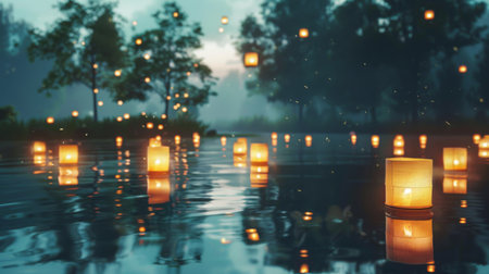 Glowing paper lanterns floating on a tranquil pond, reflecting their soft light on the water's surface and creating a serene and enchanting scene.の素材
