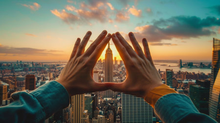 Hands framing a breathtaking view of the city skyline dominated by iconic skyscrapersの素材