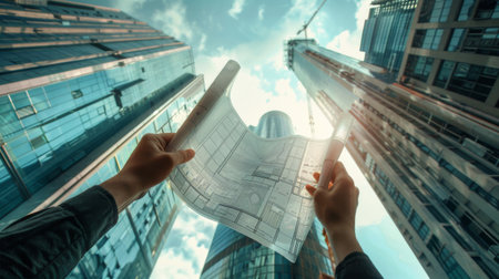 Hands holding architectural blueprints with a backdrop of towering skyscrapers under constructionの素材