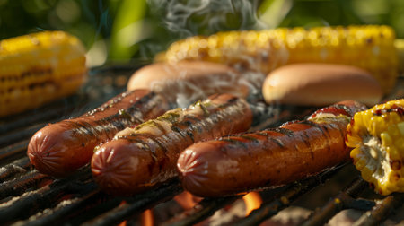 An outdoor barbecue with grilled hot dogs, burgers, and corn on the cob, capturing the essence of summerの素材
