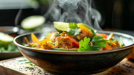 Close-up of a steaming bowl of curry stir-fry garnished with cilantro and served with a wedge of limeの素材