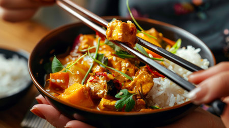 Hands holding chopsticks picking up a mouthwatering bite of curry stir-fry, showcasing the dish's irresistible appealの素材