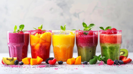 Glasses brimming with colorful fruit smoothies, evoking a sense of joy and vitalityの素材