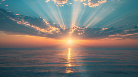 Close-up of sun rays peeking over the horizon, heralding the dawn of a fresh beginningの素材