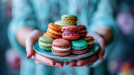 Hands holding a plate of colorful French macarons, offering a taste of sweetness and eleganceの素材