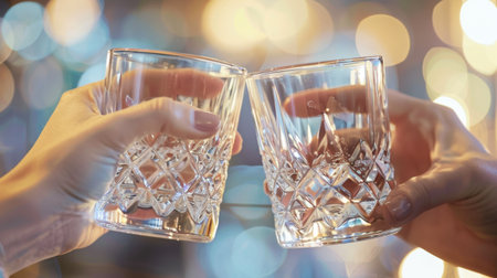 Close-up of hands clinking two crystal water glasses in a celebratory toastの素材