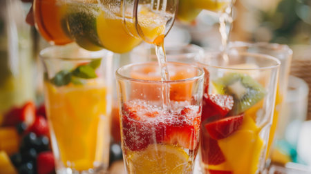 Close-up of colorful tropical fruits being blended into refreshing fruit juices, poured into elegant glassesの素材
