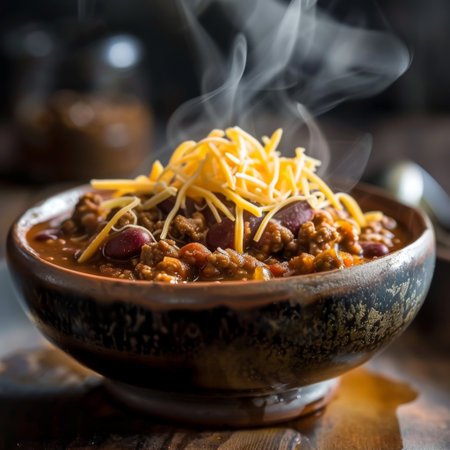 Close-up of a steaming bowl of chili topped with shredded cheese and Jobの素材