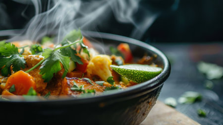 Close-up of a steaming bowl of curry stir-fry garnished with cilantro and served with a wedge of limeの素材