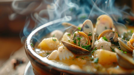 Close-up of a steaming bowl of rich seafood chowder, brimming with clams, fish, and potatoesの素材