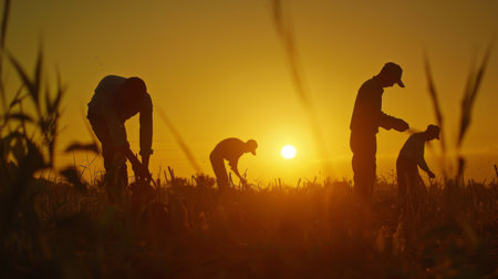 Farmers bent over in the fields, their silhouettes etched against the setting sun, embodying the resilience and fortitude of those who till the earth.の素材