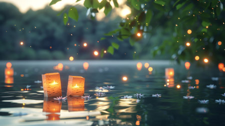 Glowing paper lanterns floating on a tranquil pond, reflecting their soft light on the water's surface and creating a serene and enchanting scene.の素材