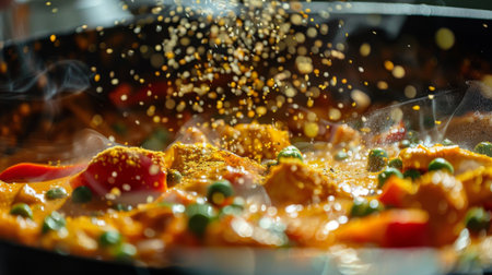 Close-up of golden curry powder being sprinkled over a bubbling pot of curry stir-fry, releasing its fragrant aromaの素材