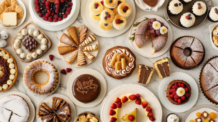 Overhead shot of a dessert buffet featuring an assortment of cakes, tarts, and pastriesの素材