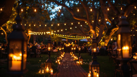Lanterns and candles casting a warm and inviting glow over an outdoor wedding reception, creating an intimate and romantic ambiance for celebration.の素材