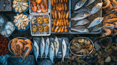 Overhead shot of a coastal seafood market with rows of freshly caught fish, prawns, and shellfish on displayの素材