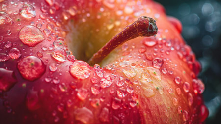 Macro shot capturing the intricate details of water droplets clinging to the skin of a ripe apple, enhancing its natural allureの素材