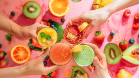 Hands reaching out to clink glasses filled with nutritious fruit smoothies, celebrating health and happinessの素材