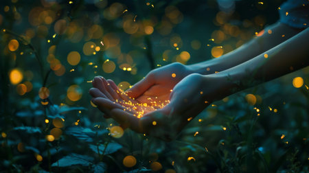 Hands releasing a cluster of fireflies into the night sky, illuminating the darkness with their gentle glowの素材