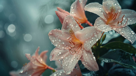 Rain-soaked flowers blooming in a garden, their petals glistening with droplets of water under the gray sky.の素材