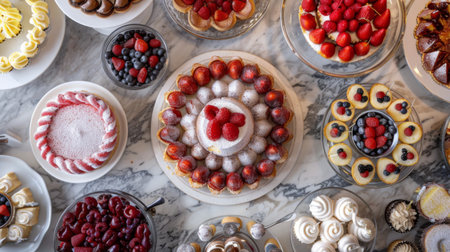 Overhead shot of a dessert buffet featuring an assortment of cakes, tarts, and pastriesの素材