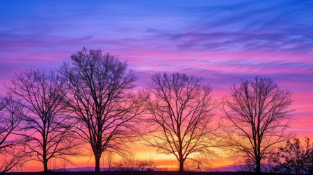 Silhouettes of trees against a vibrant sunrise sky, signaling the start of a new dayの素材