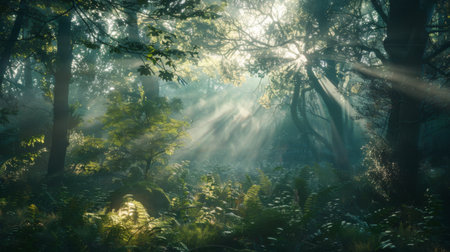Sunlight filtering through the branches of a dense forest at dawn, creating a magical woodland sceneの素材
