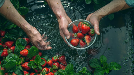 Overhead view of a farmer's hands gently rinsing freshly picked strawberries, preserving their delicate flavorの素材