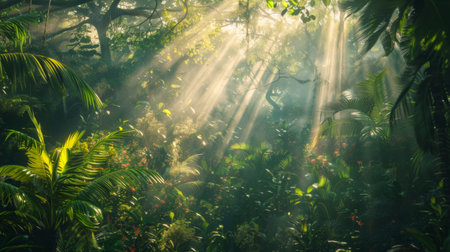 Sunlight streaming through the canopy of a dense jungle at sunrise, illuminating the lush greenery belowの素材