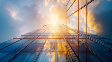 Sunlight streaming through the windows of a towering office building, illuminating the interiorの素材