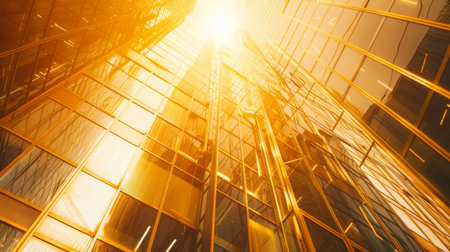 Sunlight streaming through the windows of a towering office building, illuminating the interiorの素材