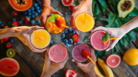 Hands reaching out to clink glasses filled with nutritious fruit smoothies, celebrating health and happinessの素材