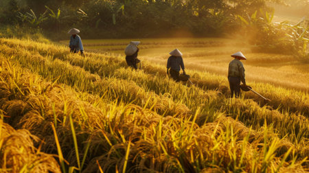 The beauty of rural simplicity unfolds as farmers harvest rice by hand, their synchronized movements a testament to the collective spirit of community and cooperation.の素材