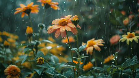 Rain-soaked flowers blooming in a garden, their petals glistening with droplets of water under the gray sky.の素材