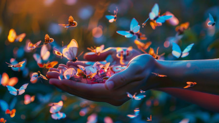 Hands releasing a swarm of colorful moths into the night, creating a magical display of fluttering wingsの素材