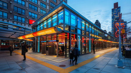 The exterior of a modern subway station, its sleek architecture and vibrant signage signaling the gateway to a city's efficient and accessible public transit system.の素材
