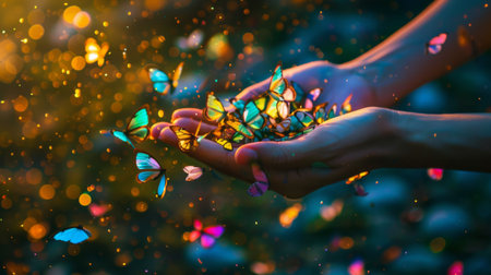 Hands releasing a swarm of colorful moths into the night, creating a magical display of fluttering wingsの素材