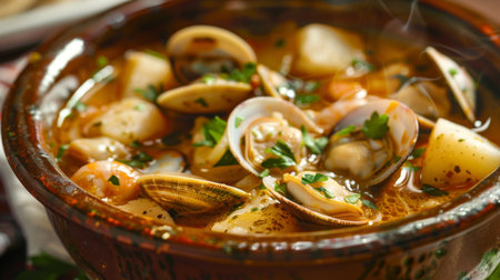 Close-up of a steaming bowl of rich seafood chowder, brimming with clams, fish, and potatoesの素材