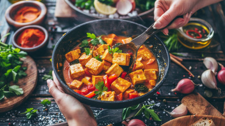 Hands tossing tofu and vegetables in a spicy yellow curry sauce, creating a delicious vegan version of the dishの素材