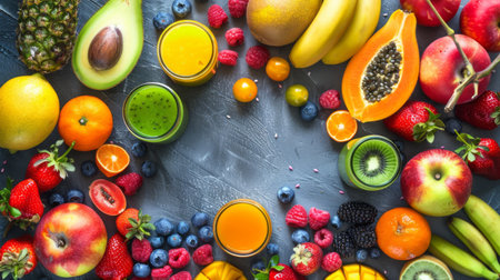 Overhead shot of a variety of fruits and glasses ready for blending into delicious, nutritious smoothiesの素材