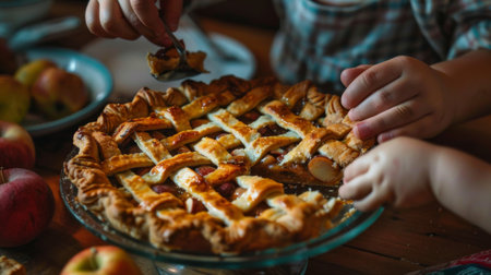 Hands reaching for a slice of homemade pie, capturing the warmth and comfort of traditional bakingの素材