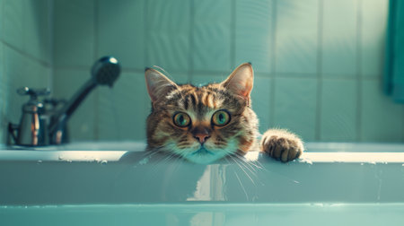 A cat begrudgingly enduring a bath while perched on the edge of a bathtub, its expression conveying a mix of annoyance and resignation.の素材