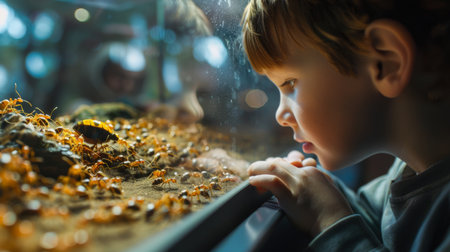 A child marveling at the intricate patterns and behaviors of ants in an ant farm, fostering a sense of wonder and curiosity about the natural world.の素材