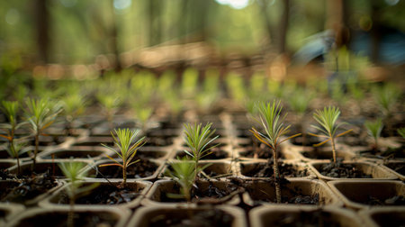 A close-up of tree seedlings in pots, ready to be planted and contribute to forest regenerationの素材