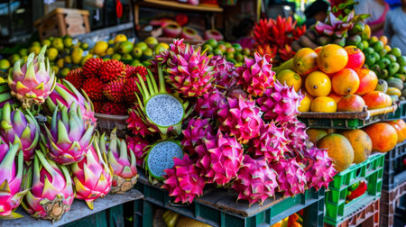 A colorful Thai fruit market with exotic fruits like dragonfruit, mangosteen, and rambutan on displayの素材
